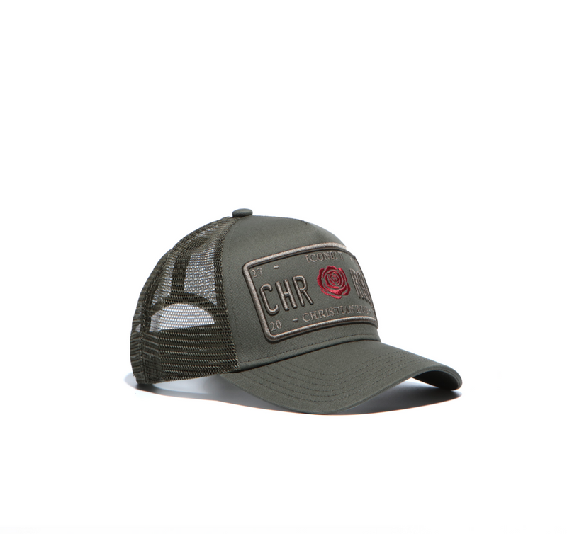 Olive / Red Trucker Cap - [RED ROSE ICONIC II] - Christian Rose