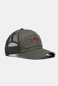 Olive / Red Trucker Cap - [RED ROSE ICONIC II] - Christian Rose
