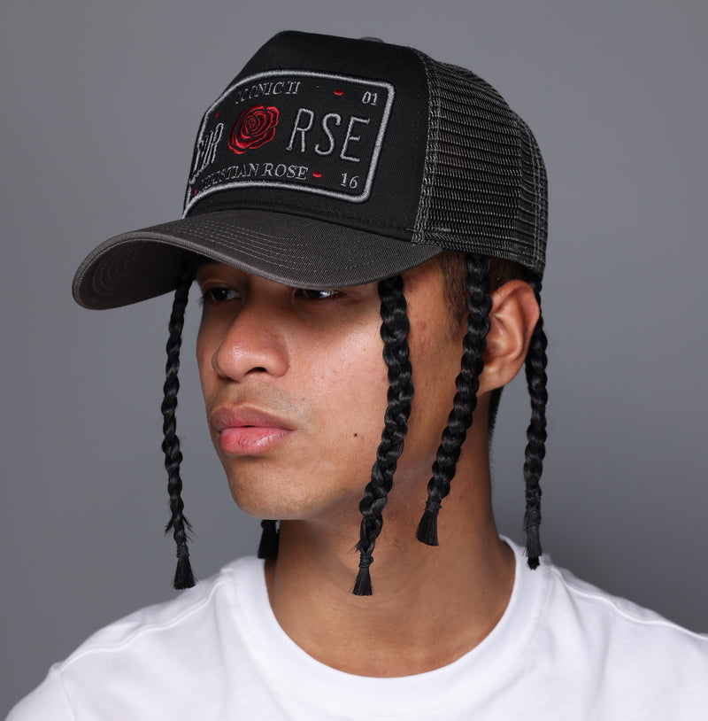 Grey / Black / Red Trucker Cap - [RED ROSE ICONIC II] - Christian Rose